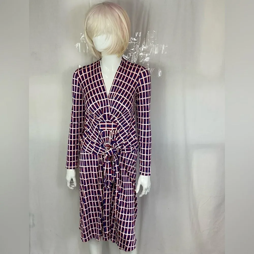 Issa London Blue Red White Geometric 100% Silk Long Sleeve Dress Size 6